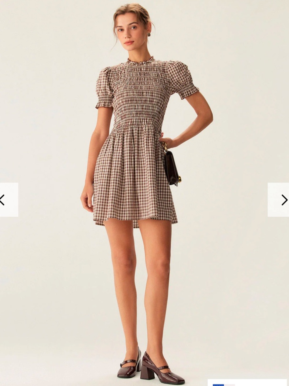 Rihoas Coffee Gingham Puffed Sleeve Mini Dress Small New with tag